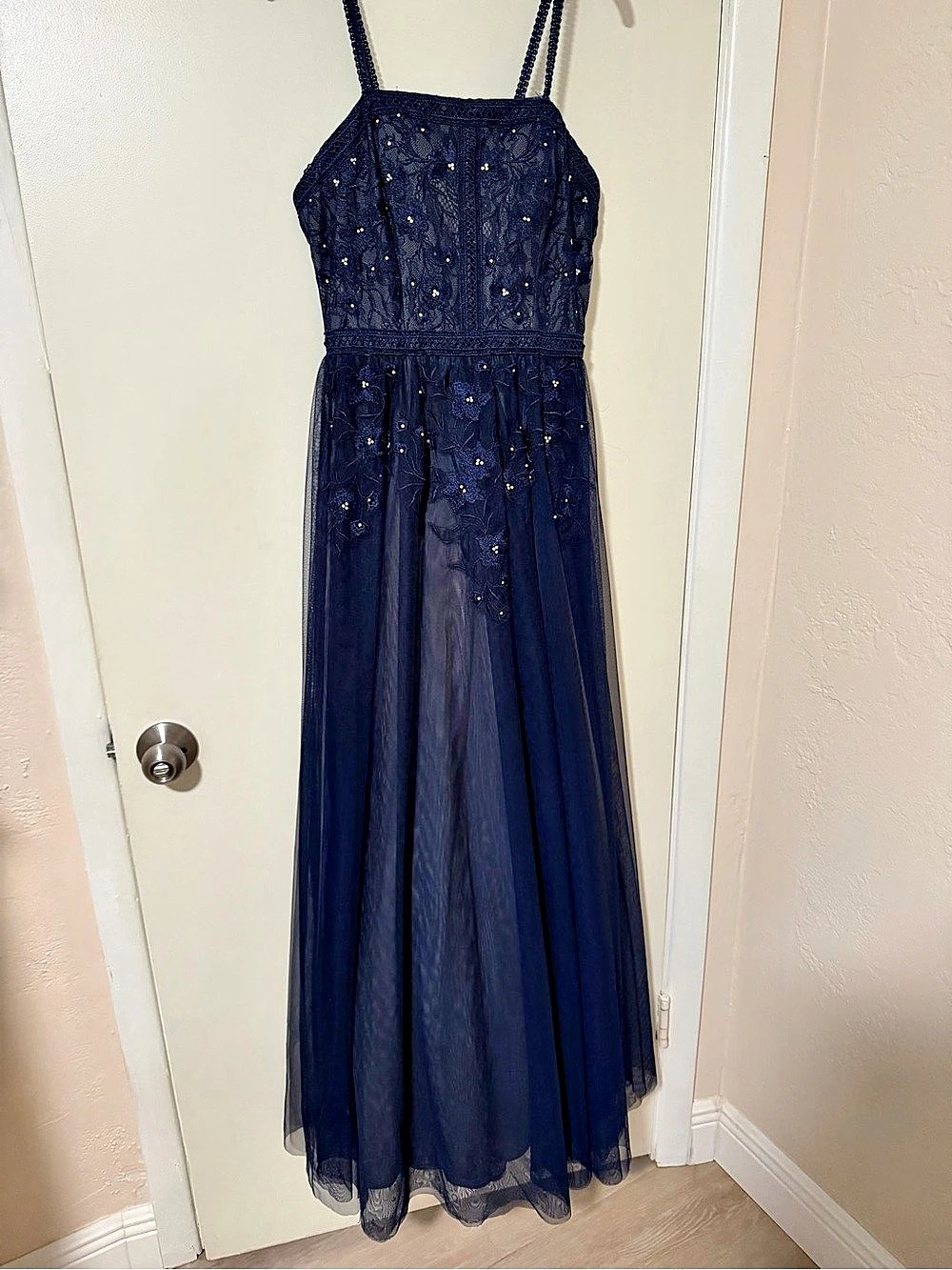 B Darlin Blue Lace Embellished Maxi Dress